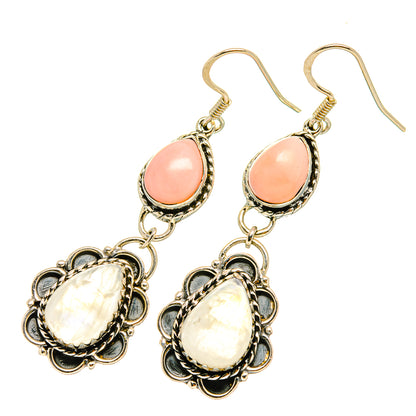 Drop earrings with pink opal teardrop tops and pearly moonstone cabochons