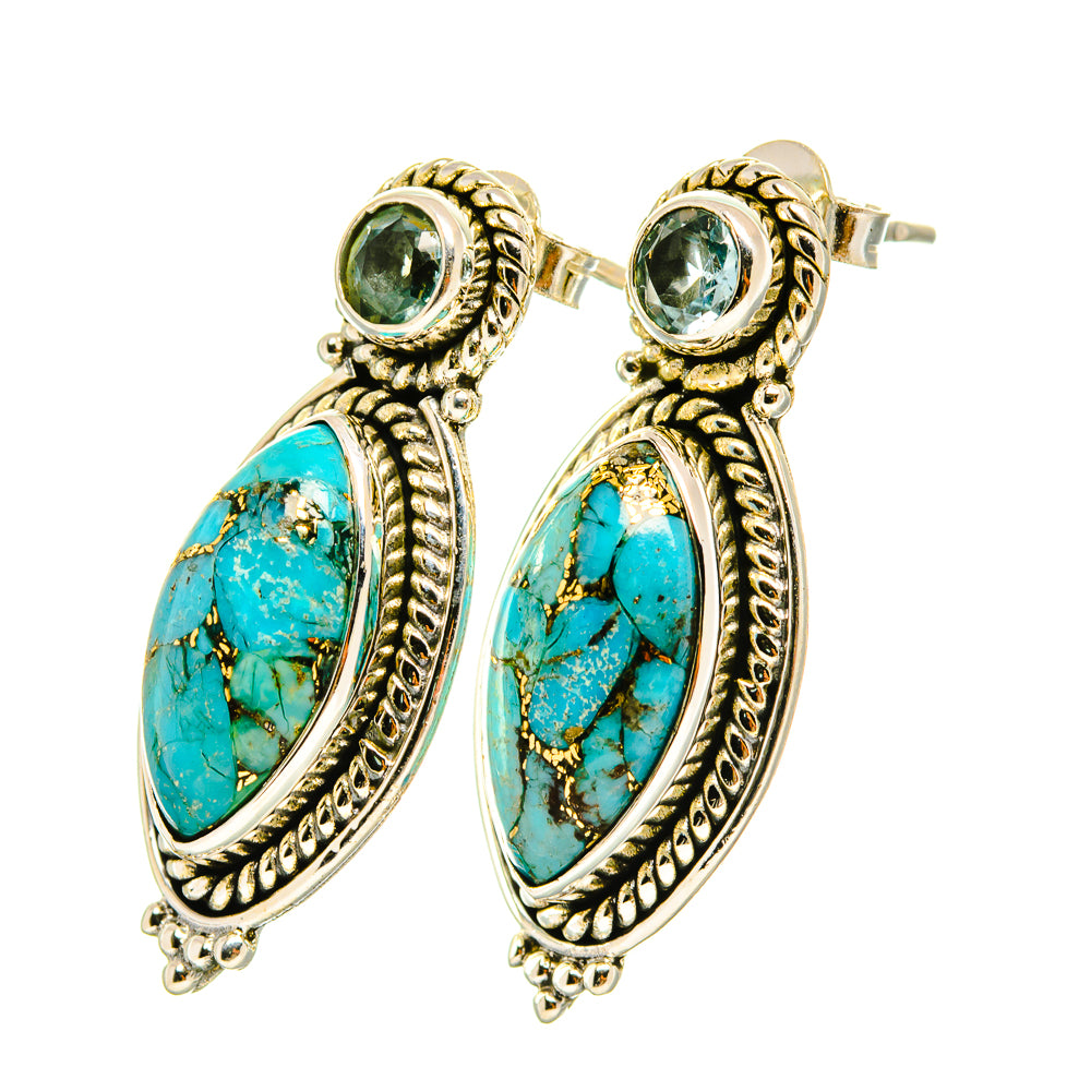 Turquoise and blue oval drop earrings with round blue stone, gold-tone textured frames