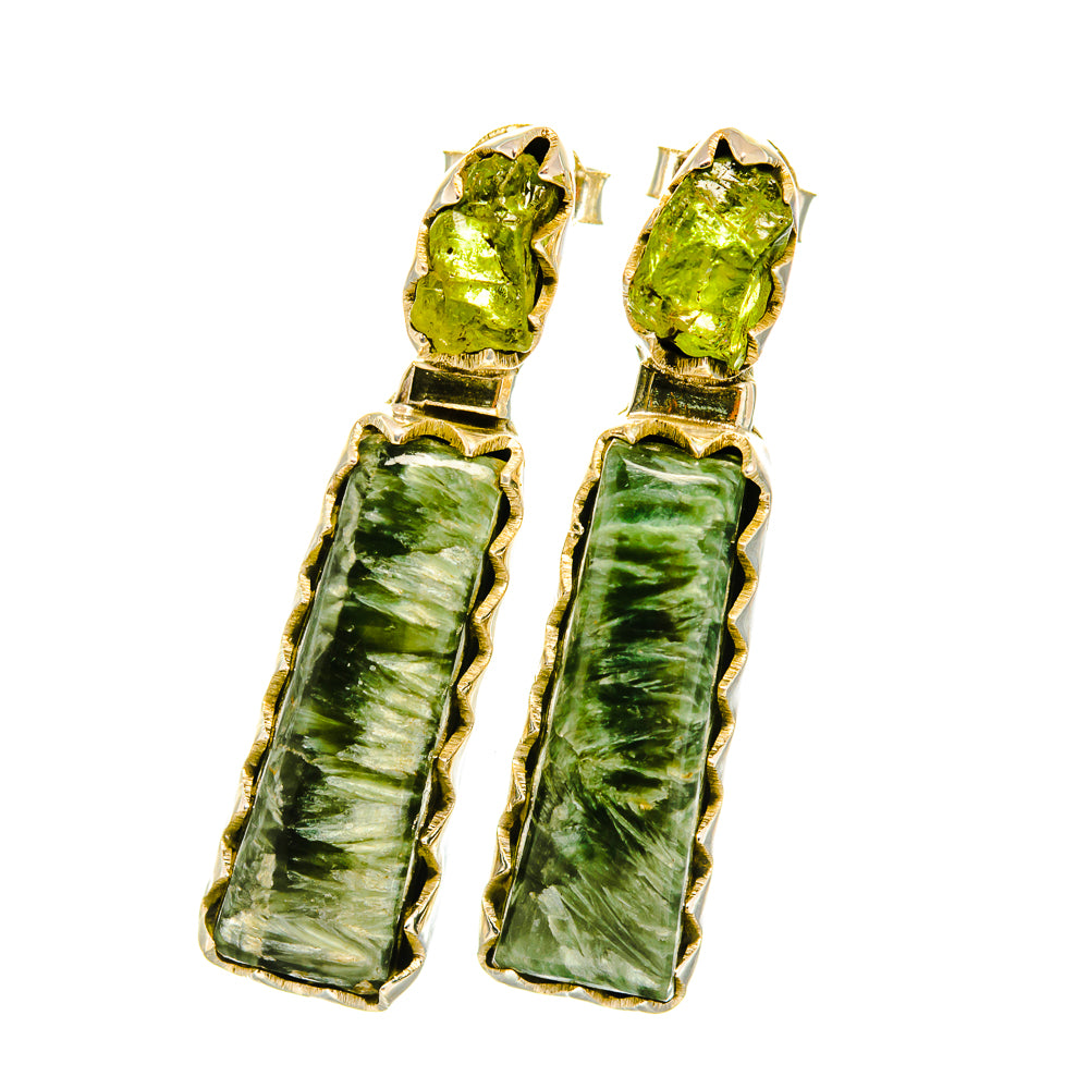 Sterling silver seraphinite and peridot drop earrings, green stones in gold-tone bezels