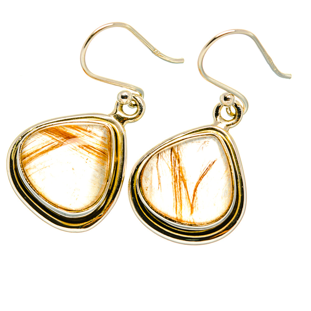 Sterling silver rutilated quartz teardrop earrings, gold bezel