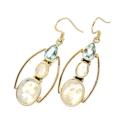 Silver hoop drop earrings with blue topaz and rainbow moonstone
