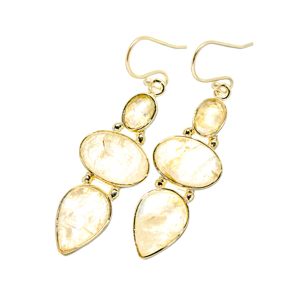 Gold-tone moonstone drop earrings with four oval and teardrop rainbow stones