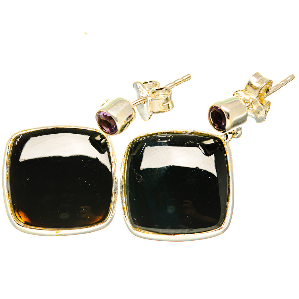 Amethyst and black onyx drop earrings with round amethyst studs and square black stones
