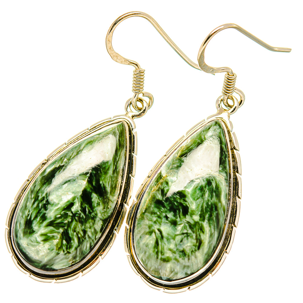 Green seraphinite teardrop earrings in 925 sterling silver settings, dangle style