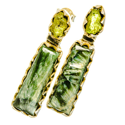 Seraphinite and peridot drop earrings, green rectangle stones with peridot top drops