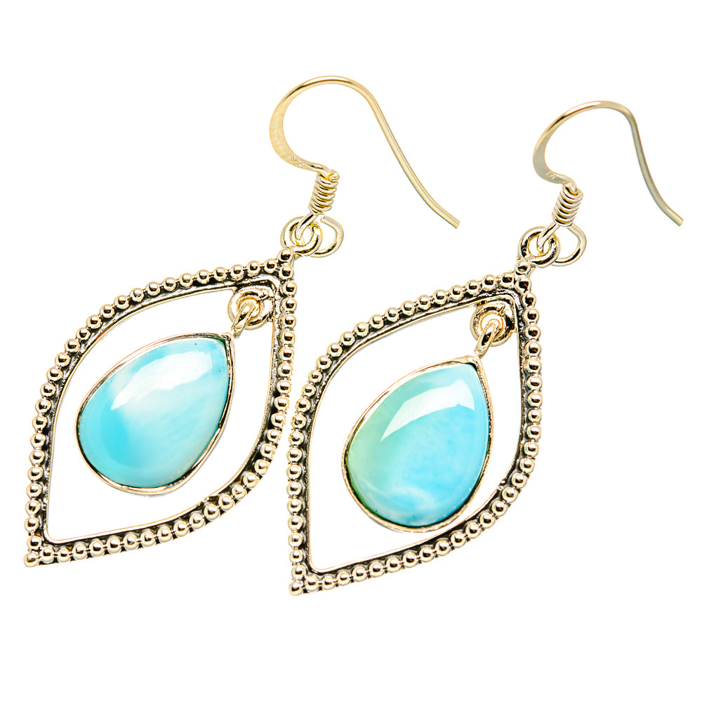 Larimar-style teardrop dangle earrings with gold-tone triangular settings