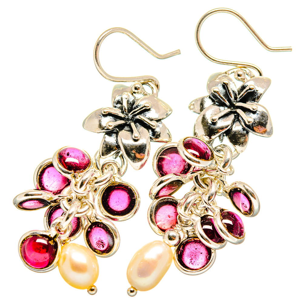 Silver flower drop earrings with red garnet beads and teardrop pearl dangles