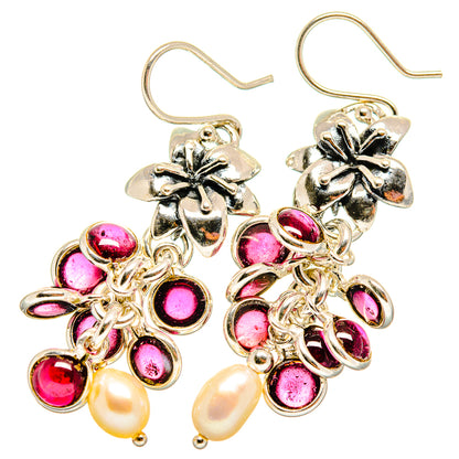 Silver flower drop earrings with red garnet beads and teardrop pearl dangles