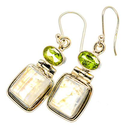Sterling silver drop earrings with green gemstone tops and rectangular rainbow moonstone pendants
