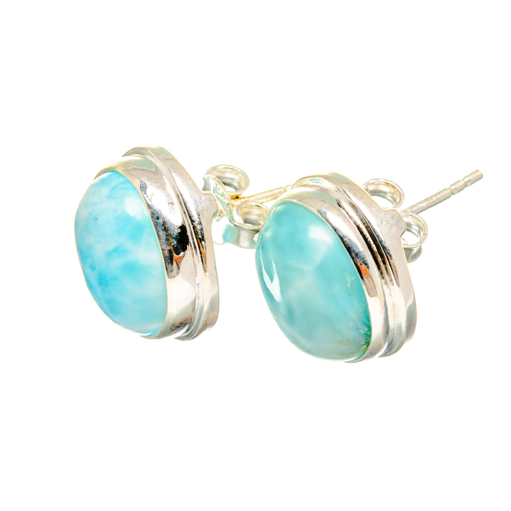 Sterling silver stud earrings with round larimar cabochons, visible posts