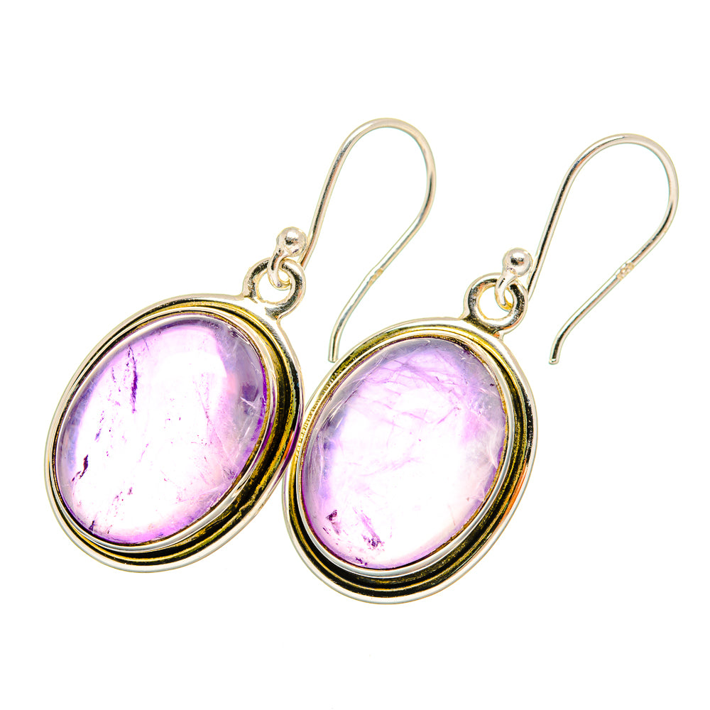 Oval amethyst drop earrings in 925 sterling silver, round purple stones in gold-tone bezel.