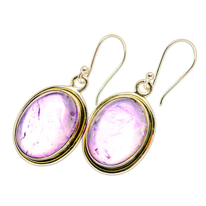 Oval amethyst drop earrings in 925 sterling silver, round purple stones in gold-tone bezel.