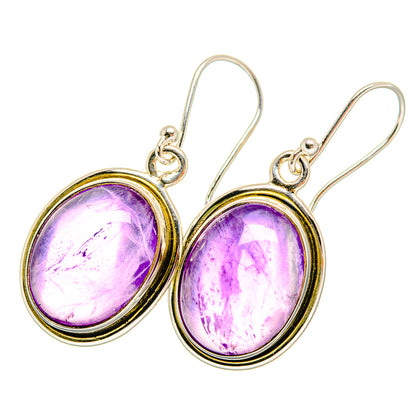 Silver drop earrings with oval amethyst cabochon and round halo bezel, lever hooks