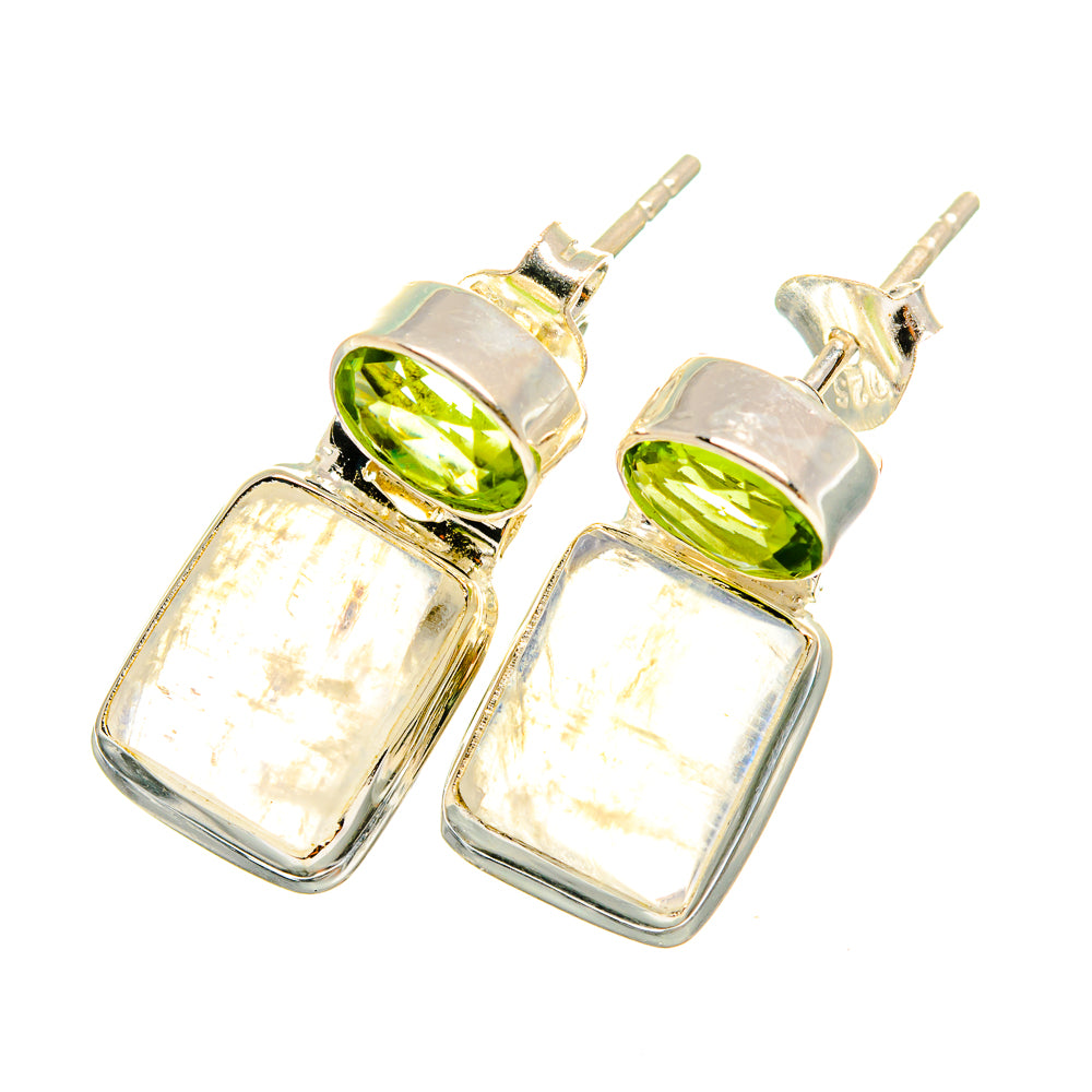 925 sterling silver earrings with oval green peridot and square moonstone drops