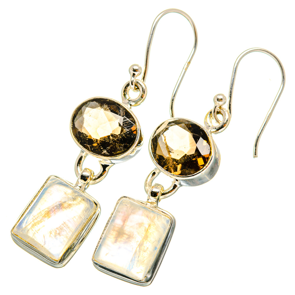 Sterling silver drop earrings with dark round stones and square iridescent moonstone drops
