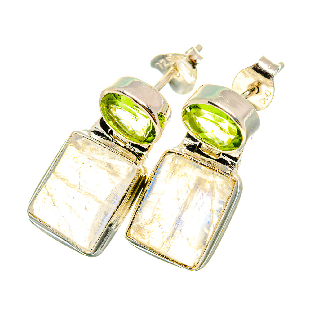 Sterling silver drop earrings with round green peridot tops and iridescent square panels