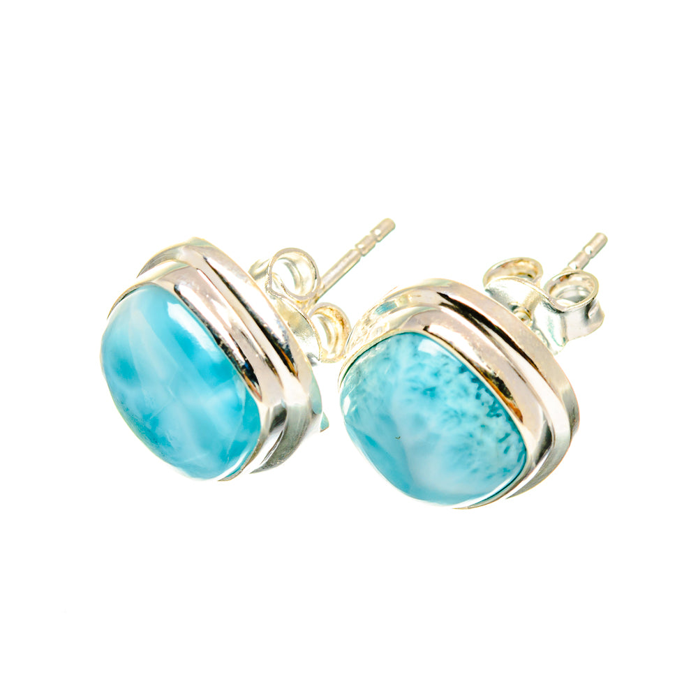 Larimar cabochon stud earrings in 925 sterling silver, oval turquoise stones
