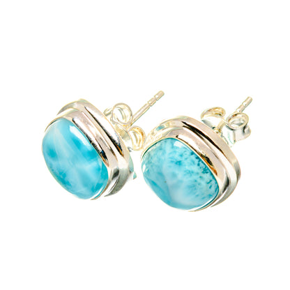 Larimar cabochon stud earrings in 925 sterling silver, oval turquoise stones