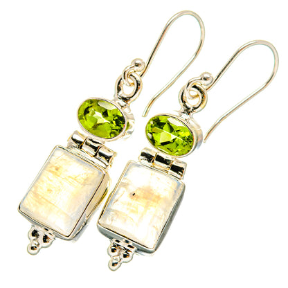 Sterling silver earrings with green peridot studs and opalescent moonstone drops