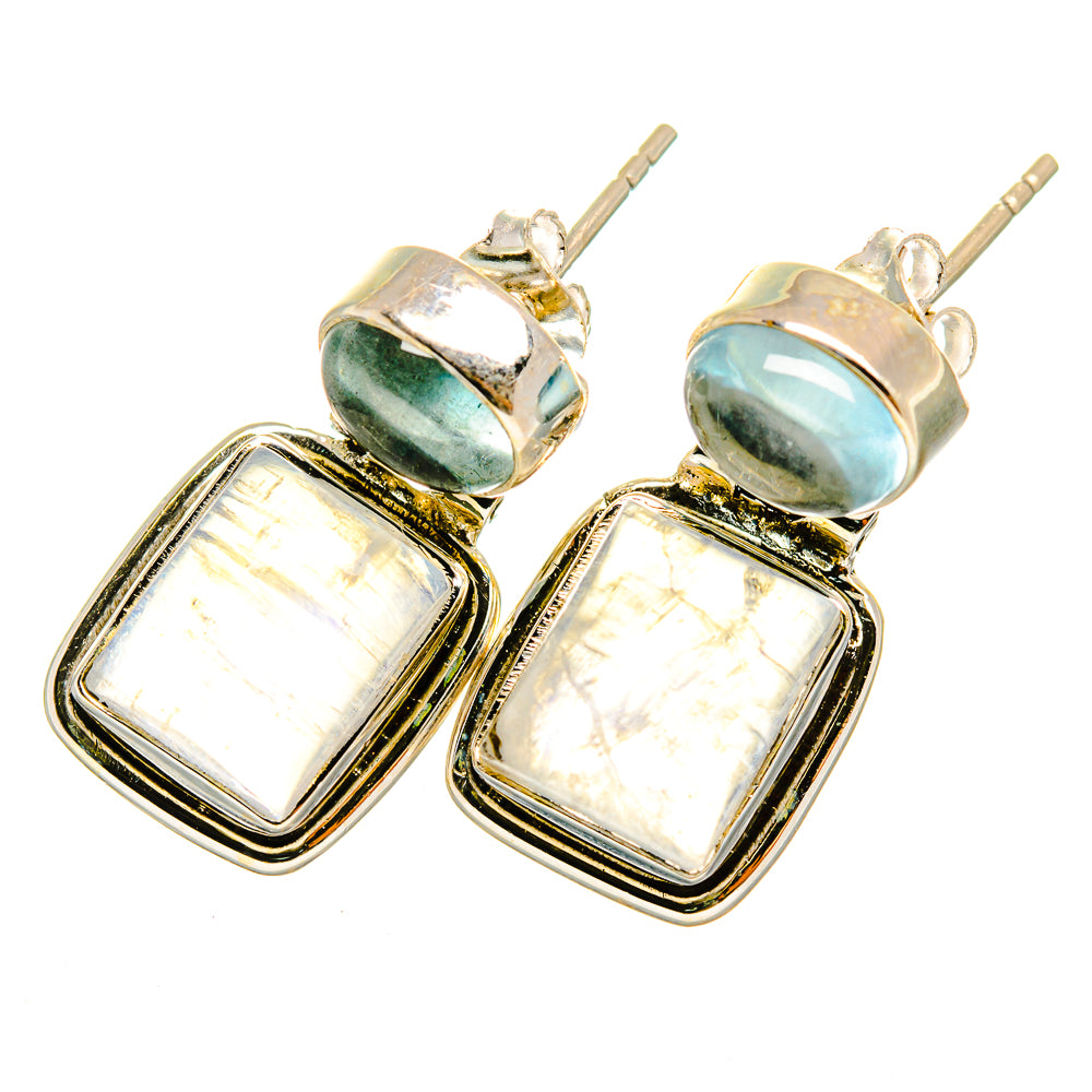 Aquamarine and rainbow moonstone earrings in 925 sterling silver, oval and rectangular stones