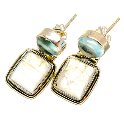 Aquamarine and rainbow moonstone earrings in 925 sterling silver, oval and rectangular stones
