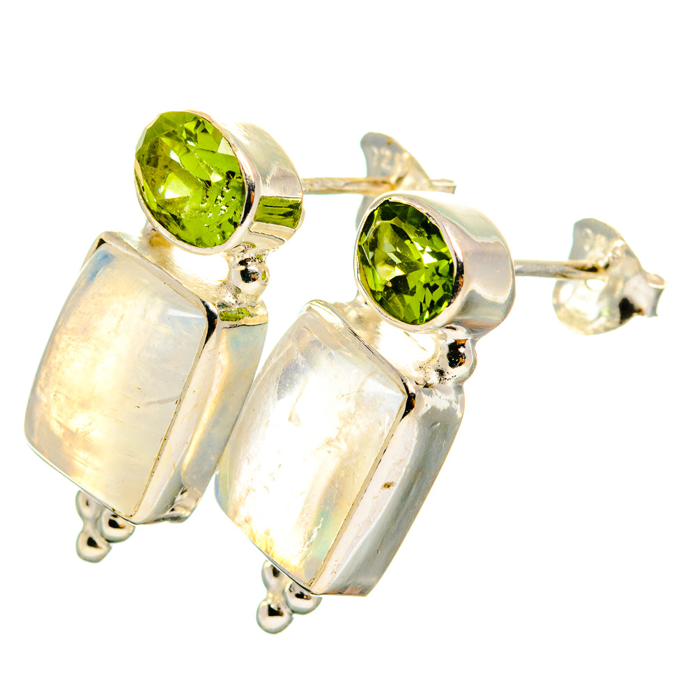 Sterling silver earrings with green round gemstones and square opal-style stones, studs