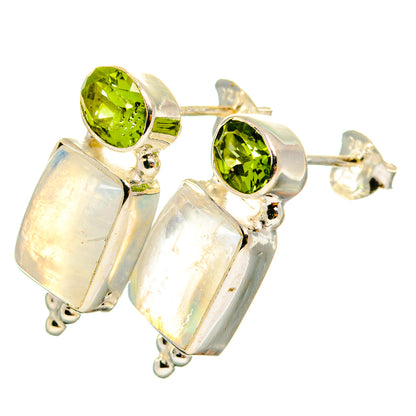 Sterling silver earrings with green round gemstones and square opal-style stones, studs