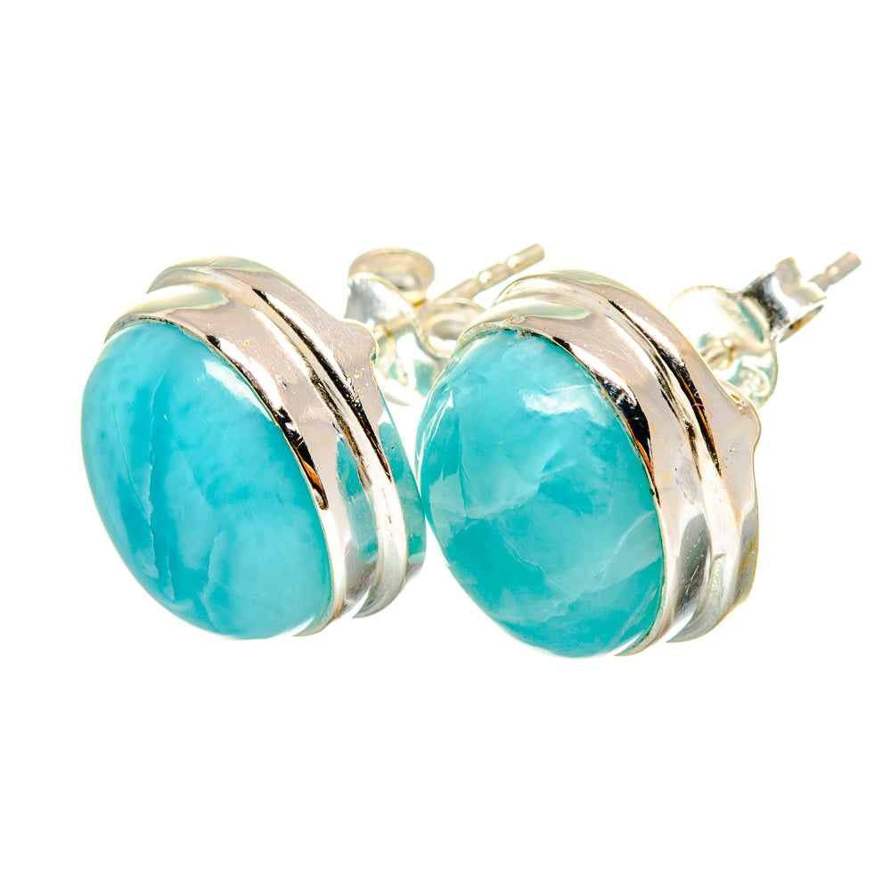 Larimar stud earrings, 925 sterling silver bezel with round turquoise blue stones
