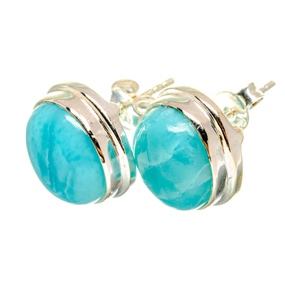 Larimar stud earrings, 925 sterling silver bezel with round turquoise blue stones