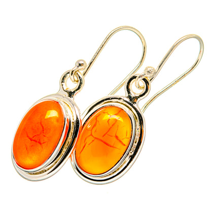 Carnelian dangle earrings with oval orange gemstone in silver-tone bezel, hinged hooks
