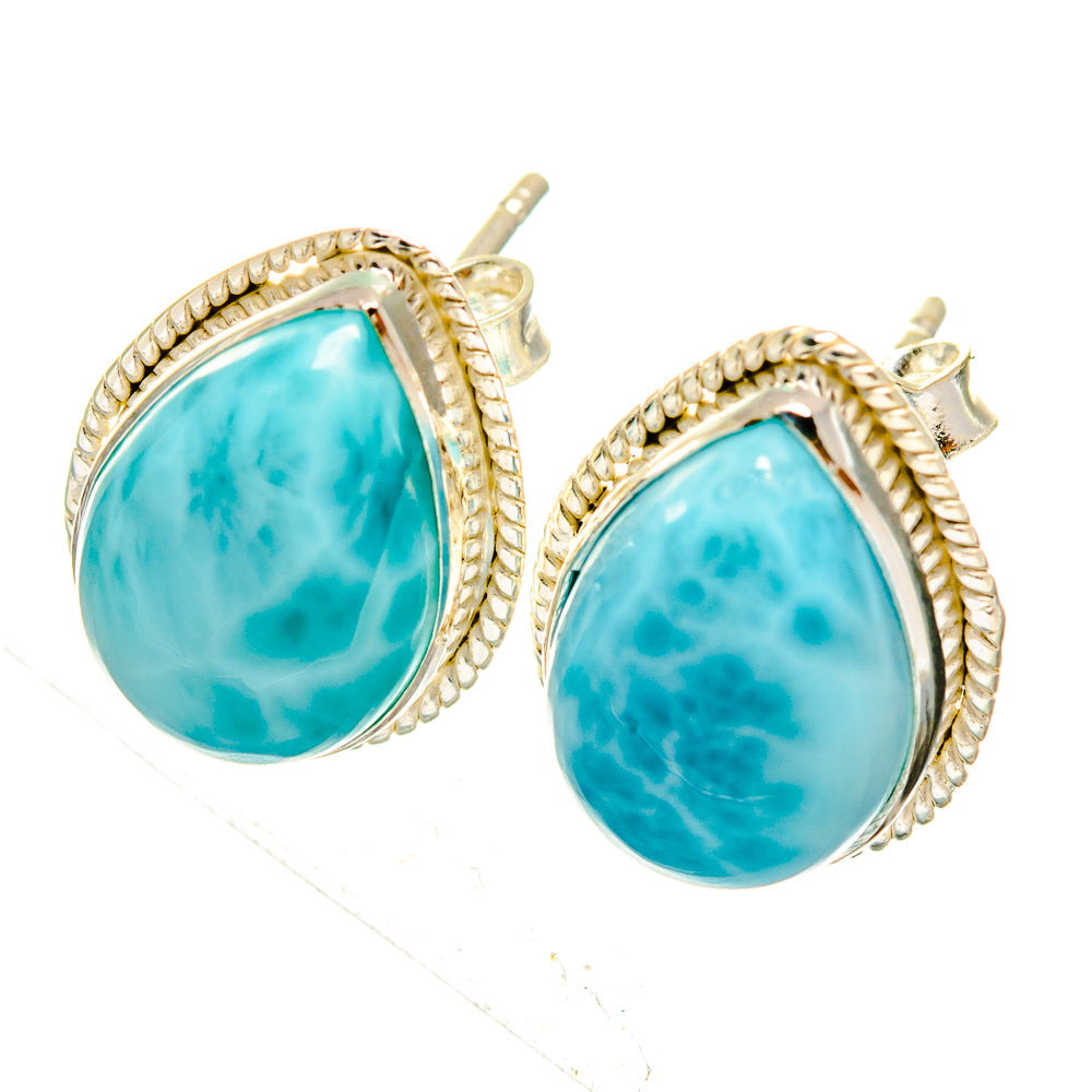 Larimar teardrop stud earrings, 925 sterling silver posts, blue stones with rope frame