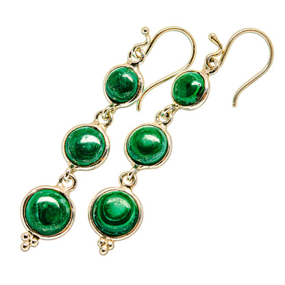 Green malachite round drop earrings with gold-tone hooks and linked discs