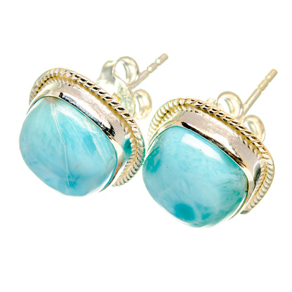 Sterling silver Larimar stud earrings, oval light-blue stones with textured rope setting.