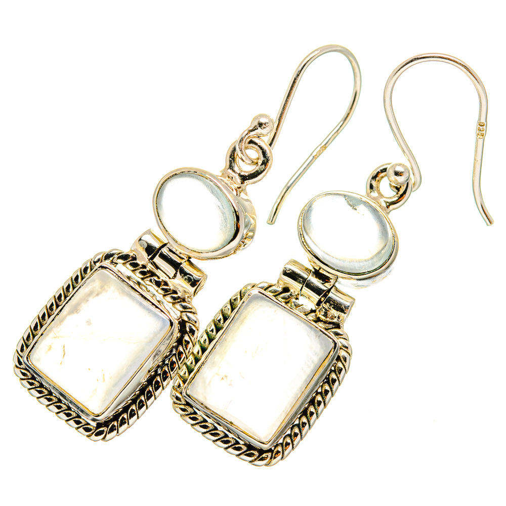 Sterling silver drop earrings with square opalescent moonstone accents