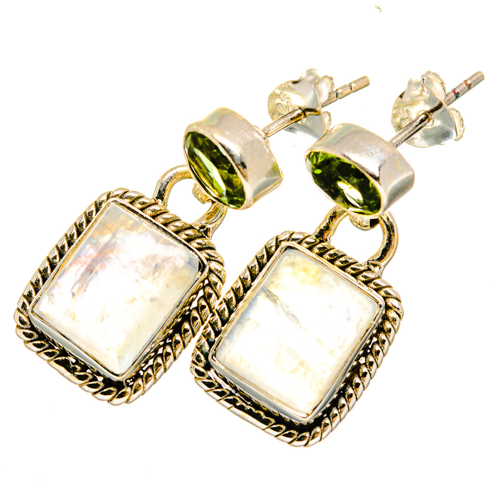 Mother-of-pearl square drop earrings with green peridot accents, gold-tone setting
