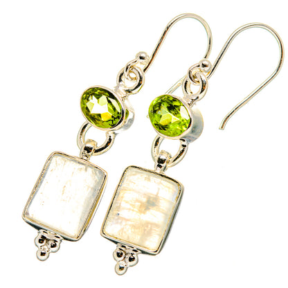 925 sterling silver drop earrings with green peridot domes and square moonstone panels