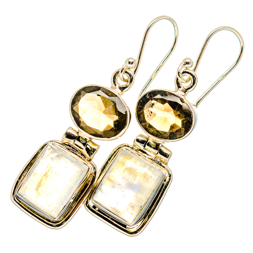 Silver-tone dangle earrings with dark round stones and iridescent rectangular stones