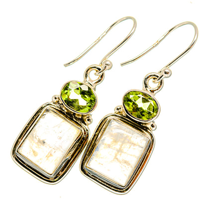 Sterling silver earrings with green peridot and iridescent moonstone drop