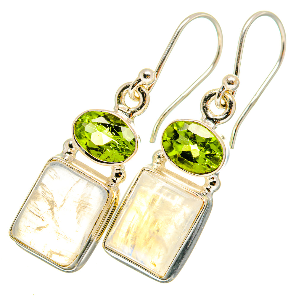 Peridot and moonstone drop earrings featuring green oval stones and iridescent square dangles