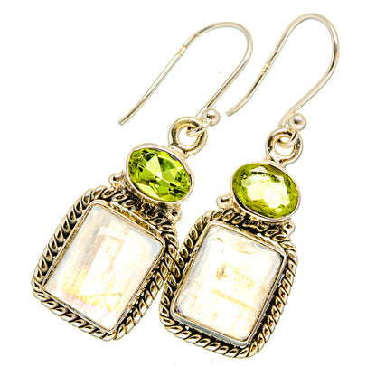 Sterling silver drop earrings, green peridot rounds atop iridescent moonstone squares