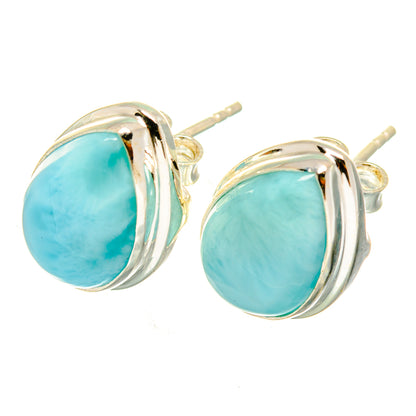 Larimar earrings with oval turquoise cabochon in 925 sterling silver swirl bezel