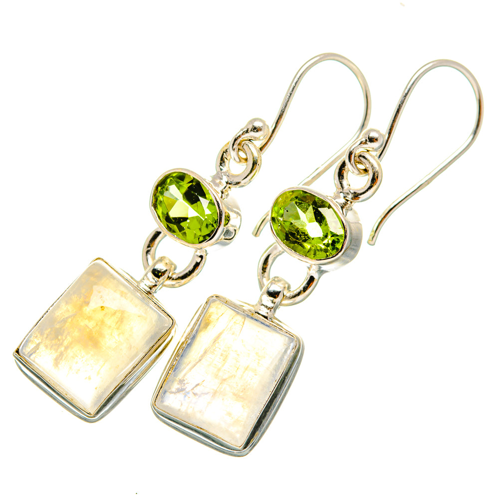 Silver drop earrings with peridot-green round stones and iridescent rectangular moonstone