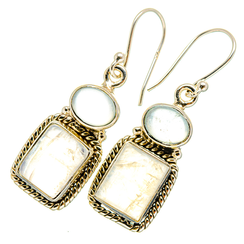Moonstone drop earrings, sterling silver with iridescent oval and square stones