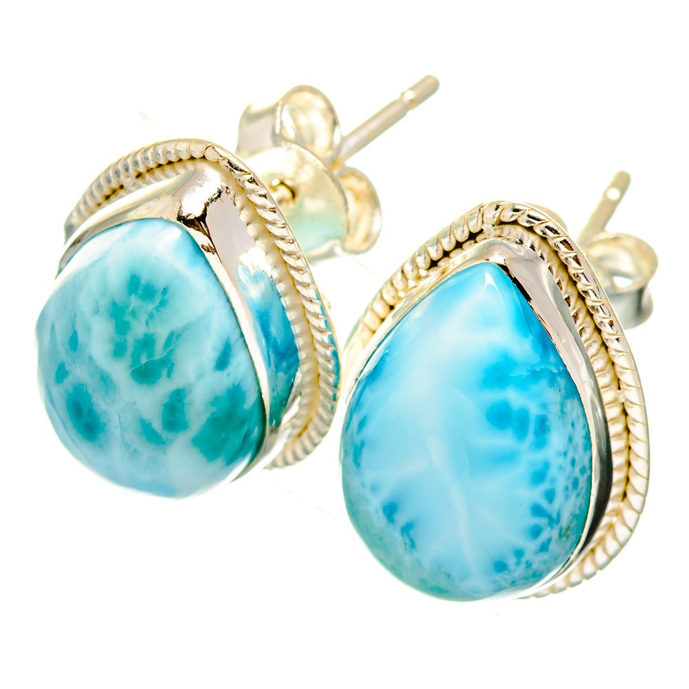 Larimar teardrop stud earrings with light-blue marbled stone and textured silver setting