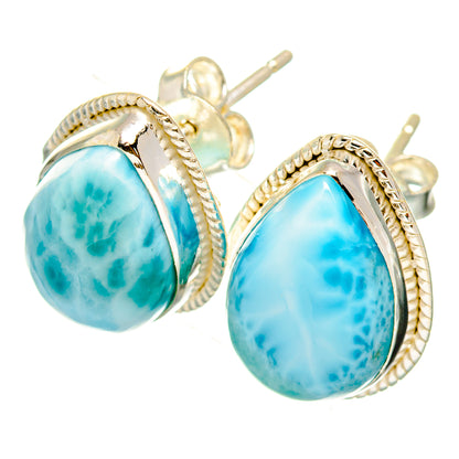 Larimar teardrop stud earrings with light-blue marbled stone and textured silver setting
