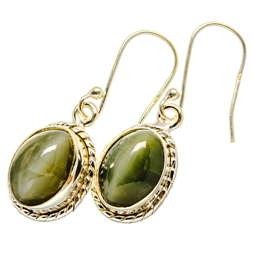 Sterling silver cat's eye earrings with oval green stones and decorative rope trim