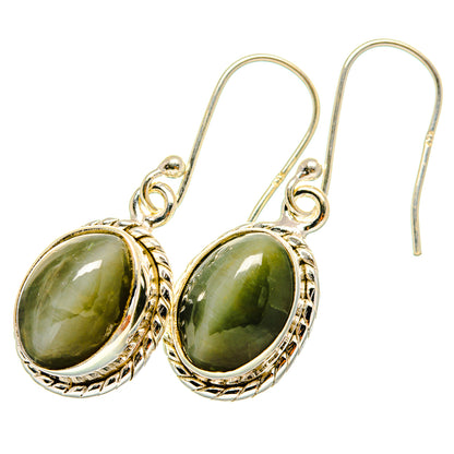 Sterling silver cat's eye earrings with oval green stones and decorative rope trim