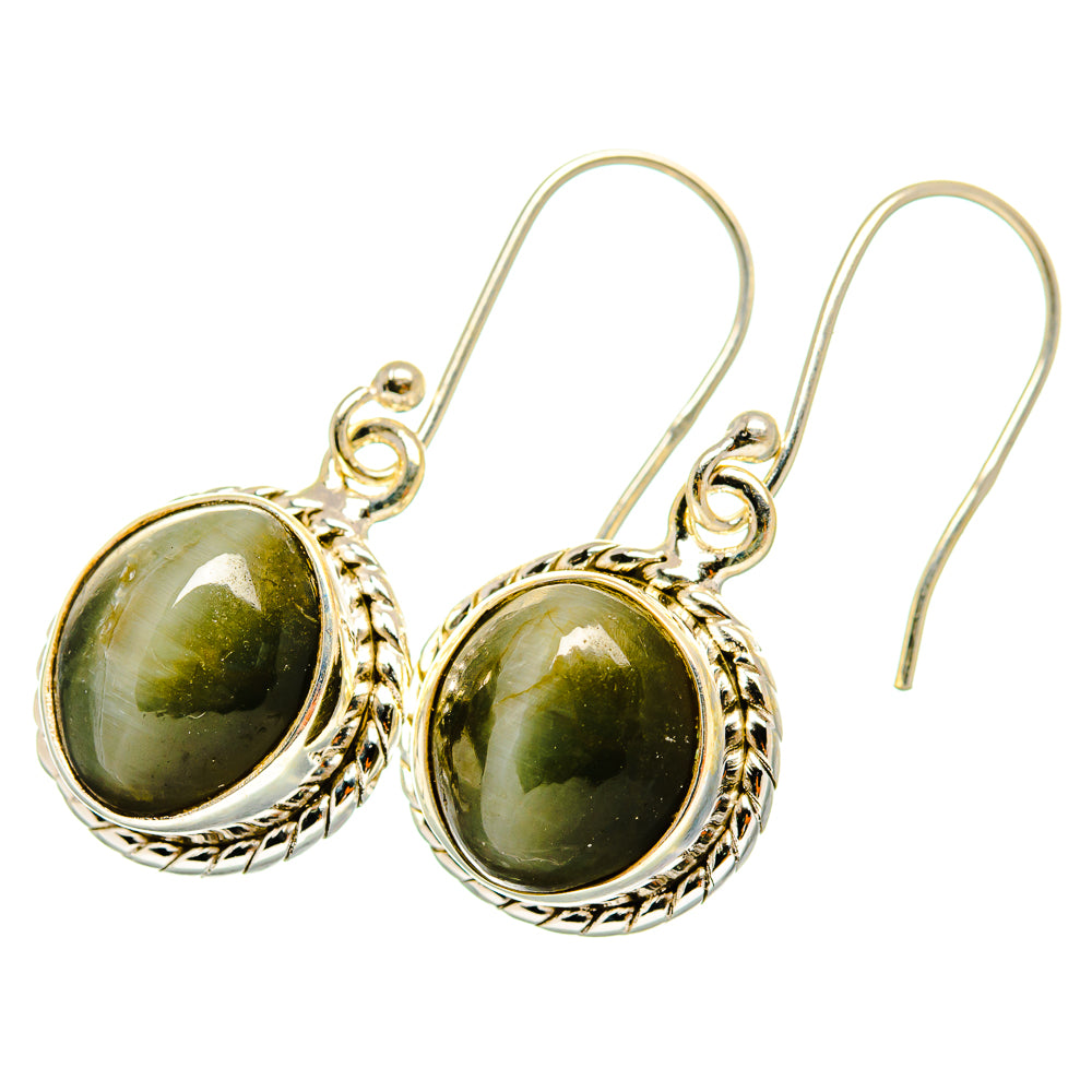 925 sterling silver cat's eye earrings with round green cabochons and ornate hooks