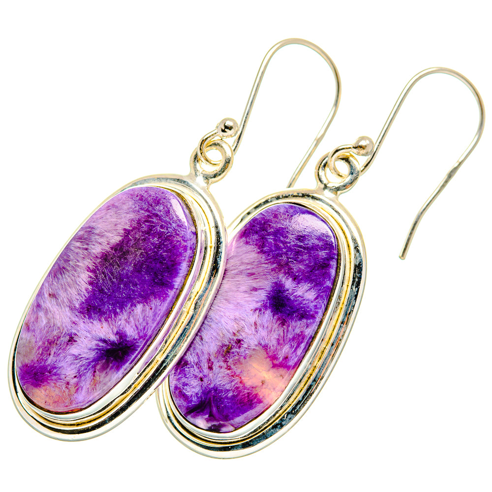 Charoite earrings with oval purple cabochon in sterling silver bezels and hooks