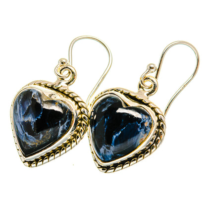 Heart-shaped pietersite earrings in 925 sterling silver, blue stone with halo setting